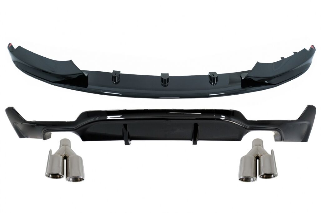 Front Bumper Spoiler Lip with Rear Bumper Diffuser Twin Double Outlet and Exhaust Muffler Tips suitable for BMW 4 Series F32 F33 F36 Coupe Cabrio Grand Coupe (2013-03.2019) M-Performance Design