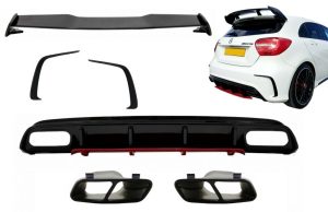 Rear Diffuser & Exhaust Muffler Tips Black with Splitters Fins and Roof Boot Spoiler suitable for MERCEDES A-Class W176 (2012-2018) A45 Facelift Design Red Edition