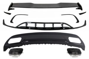 Rear Diffuser & Exhaust Tips Tailpipe with Splitters Fins Aero and Roof Boot Lid Spoiler suitable for MERCEDES A-Class W176 (2015-2018) Sport Pack All Black