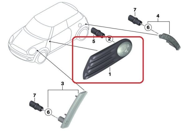 MINI NEW OEM R55 R56 R57 LCI R58 R59 SIDE MARKER SIGNAL AND GRILLE YELLOW LEFT 63137260201 - Image 2