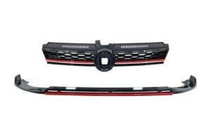 Front Bumper Lip Extension Spoiler with Central Badgeless Grille suitable for VW Golf 7.5 Facelift (2017-2020) Piano Black & Red