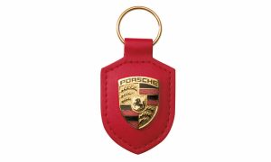 NEW GENUINE PORSCHE LEATHER METAL CREST KEY RING FOB CHAIN RED WAP0500920E