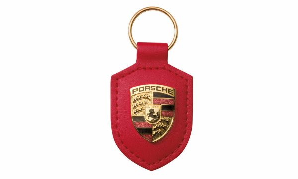NEW GENUINE PORSCHE LEATHER METAL CREST KEY RING FOB CHAIN RED WAP0500920E