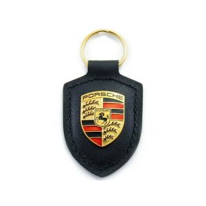 NEW GENUINE PORSCHE LEATHER METAL CREST KEY RING FOB CHAIN BLACK WAP0500900E