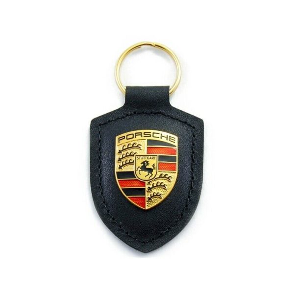 NEW GENUINE PORSCHE LEATHER METAL CREST KEY RING FOB CHAIN BLACK WAP0500900E