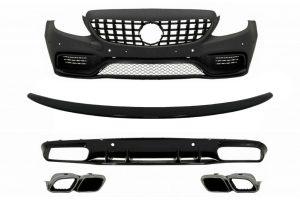 Front Bumper suitable for Mercedes C-Class C205 A205 Coupe Cabriolet (2014-2019) Front Grille GT-R Panamericana with Trunk Boot Spoiler and Rear Bumper Valance Diffuser C63S Design Silver Tips