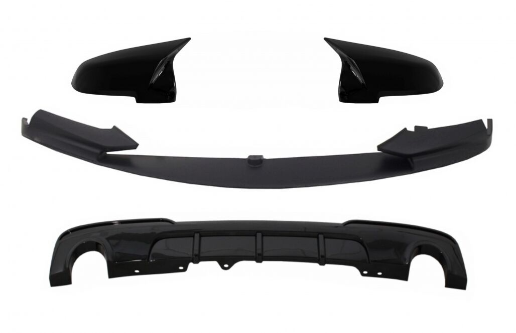 Front Bumper Spoiler Lip with Mirror Covers and Double Outlet Single Exhaust Diffuser suitable for BMW 5 Series F10 F11 Sedan Touring (2015-2017) M-Performance Design