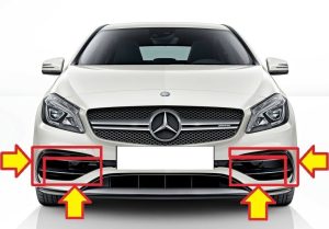 NEW GENUINE MERCEDES A W176 2015- AMG FRONT BUMPER BLACK FLICKS AND GRILLS SET