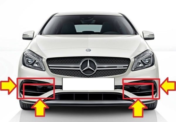 NEW GENUINE MERCEDES A W176 2015- AMG FRONT BUMPER BLACK FLICKS AND GRILLS SET