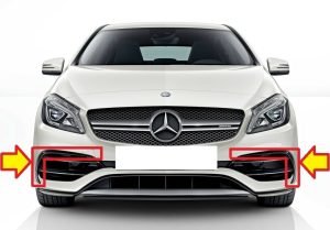 NEW GENUINE MERCEDES BENZ MB A W176 2015- AMG FRONT BUMPER GLOSS BLACK FLICK SET