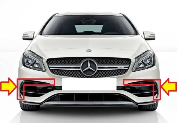 NEW GENUINE MERCEDES BENZ MB A W176 2015- AMG FRONT BUMPER GLOSS BLACK FLICK SET