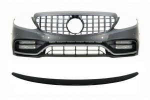 Front Bumper with Grille and Trunk Boot Spoiler Piano Black suitable for Mercedes C-Class C205 (2014-2018) C63 GT-R Design