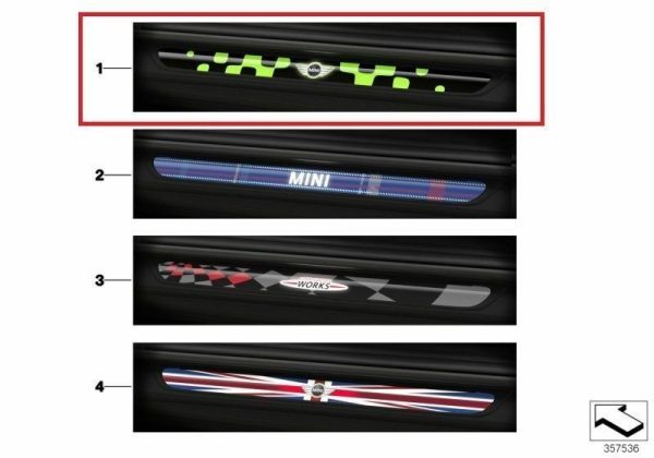 MINI NEW GENUINE R56 R57 ILLUMINATED DOOR SILL PLATES VIVID GREEN 51472357727 - Image 3
