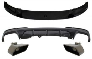 Front Bumper Spoiler Lip suitable for BMW 5 Series F10 F11 (2011-2017) with Double Outlet Air Diffuser and Muffler Tips M-Performance Piano Black