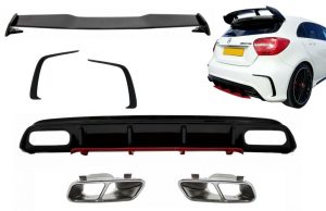 Rear Diffuser & Exhaust Muffler Tips Chrome with Splitters Fins and Roof Boot Spoiler suitable for MERCEDES A-Class W176 (2012-2018) A45 Facelift Design Red Edition