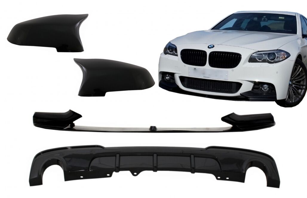 Front Bumper Spoiler Lip with Mirror Covers and Diffuser Double Outlet Single Exhaust suitable for BMW 5 Series F10 F11 Sedan Touring (2015-2017) M-Performance Piano Black