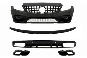 Front Bumper suitable for Mercedes C-Class C205 A205 Coupe Cabriolet (2014-2019) with Trunk Boot Spoiler and Rear Bumper Valance Diffuser C63S Design All Black