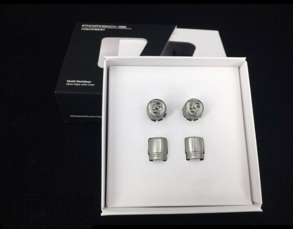 NEW GENUINE PORSCHE TIRE VALVE SILVER COLOUR CRESTED DUST CAPS 4 PCS 99104460268