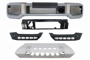 Front Bumper with Aluminum Skid Plate Spoiler LED DRL Extension suitable for Mercedes G-Class W463 (1989-2018) 4X4 Design