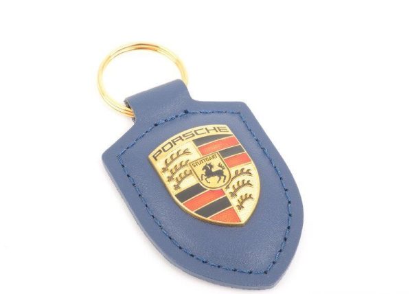 NEW GENUINE PORSCHE LEATHER METAL CREST KEY RING FOB CHAIN BLUE WAP0500950E - Image 2