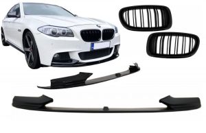 Front Bumper Spoiler Lip suitable for BMW 5 Series F10 F11 Sedan Touring (2011-2017) M-Performance Design With Double Stripe Piano Black Kidney Grille