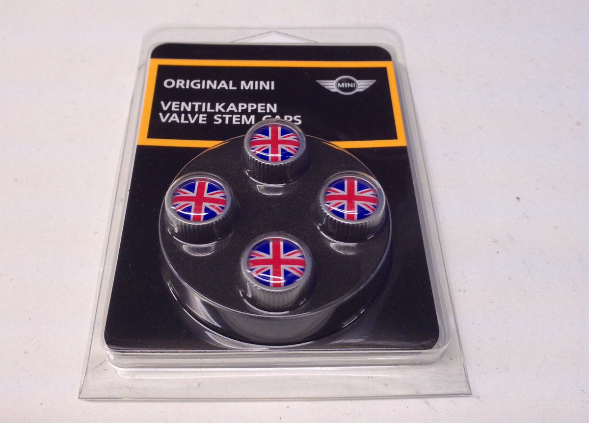 NEW GENUINE MINI UNION JACK VALVE LOGO STEM CAPS SET FITS FOR ALL MINI 36120422550