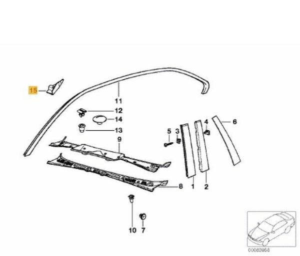 BMW NEW GENUINE 3 SERIES E36 WINDSHIELD COWL CORNER MOULDING LEFT RIGHT SET - Image 2
