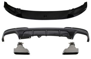 Front Bumper Spoiler Lip suitable for BMW 5 Series F10 F11 (2011-2017) with Double Outlet Air Diffuser and Muffler Tips M-Performance Piano Black
