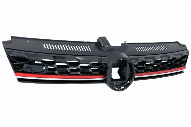 Front Bumper Lip Extension Spoiler with Central Badgeless Grille and Rear Diffuser suitable for VW Golf 7.5 Facelift (2017-2020) Piano Black & Red - Image 3