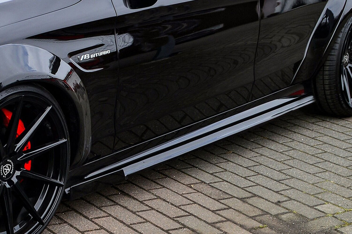 Black Gloss Performance Side skirts addons / Blades / diffusers / sill covers with Wing For Mercedes C-Class C63AMG+S W205 15-21 - Image 2