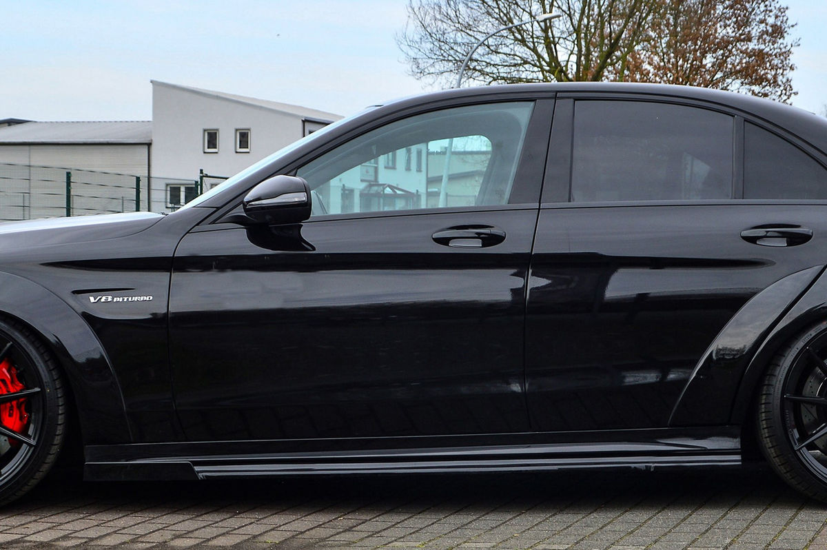 Black Gloss Performance Side skirts addons / Blades / diffusers / sill covers with Wing For Mercedes C-Class C63AMG+S W205 15-21