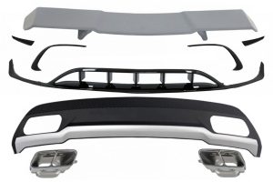 Rear Diffuser & Exhaust Tips Tailpipe Package with Front Splitters Fins Aero and Trunk Spoiler suitable for MERCEDES A-Class W176 (2015-2018) Sport Pack