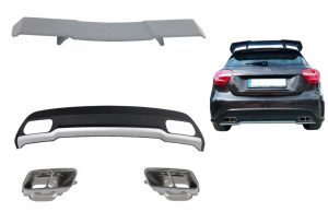 Rear Diffuser with Exhaust Tips Tailpipe & Trunk Spoiler for MERCEDES A-Class W176 (2012-2018) Sport Pack