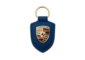 NEW GENUINE PORSCHE LEATHER METAL CREST KEY RING FOB CHAIN BLUE WAP0500950E
