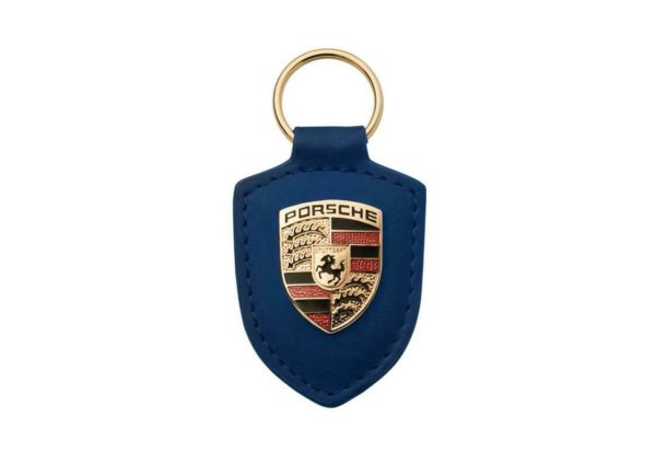 NEW GENUINE PORSCHE LEATHER METAL CREST KEY RING FOB CHAIN BLUE WAP0500950E
