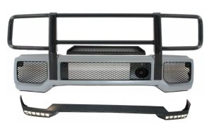 Front Bumper with BullBar Upper Spoiler Lip LED DRL Extension suitable for Mercedes G-Class W463 (1989-2018) G65 Design