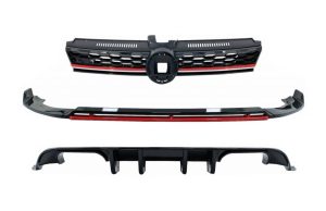 Front Bumper Lip Extension Spoiler with Central Badgeless Grille and Rear Diffuser suitable for VW Golf 7.5 Facelift (2017-2020) Piano Black & Red