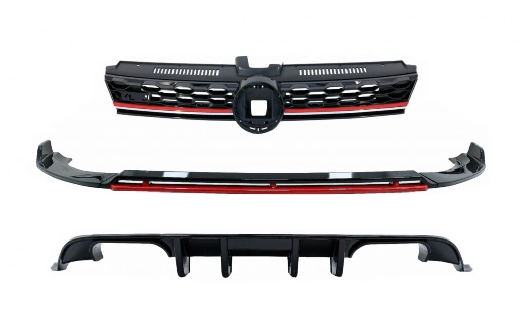 Front Bumper Lip Extension Spoiler with Central Badgeless Grille and Rear Diffuser suitable for VW Golf 7.5 Facelift (2017-2020) Piano Black & Red