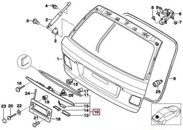 Genuine BMW E46 Touring Trunk lid handle grip. With key button and license plate lighting - Image 5